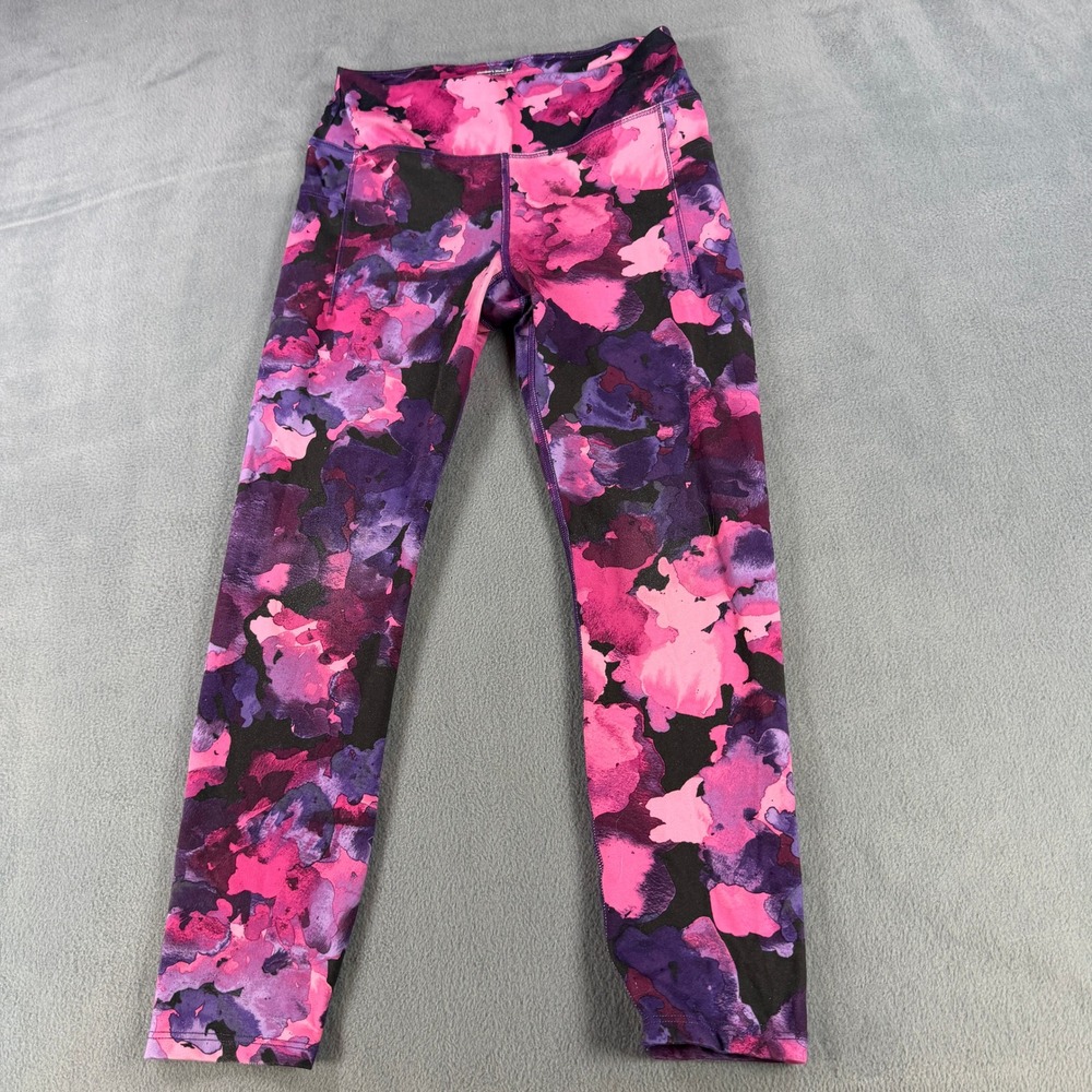 Members Mark Active Leggings Womens L 10/12 Purple Pink Floral Pockets Workout